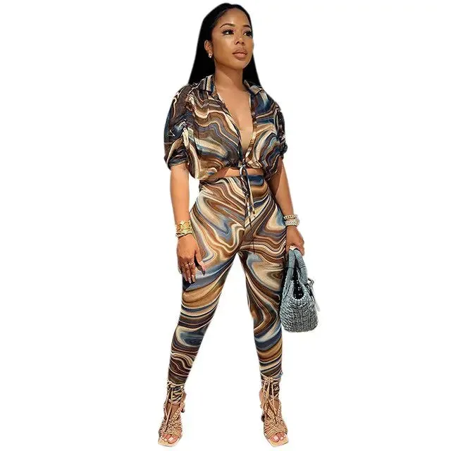 2 Piece Set Abstract Print Sheer Mesh Outfit