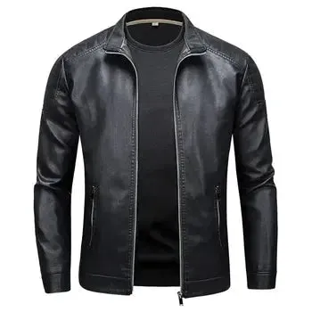 2023autumn/winter Men's Long Sleeve Leather Jacket Stand Collar Punk Motorcycle Street Style Casual Loose Faux Leather Jacket