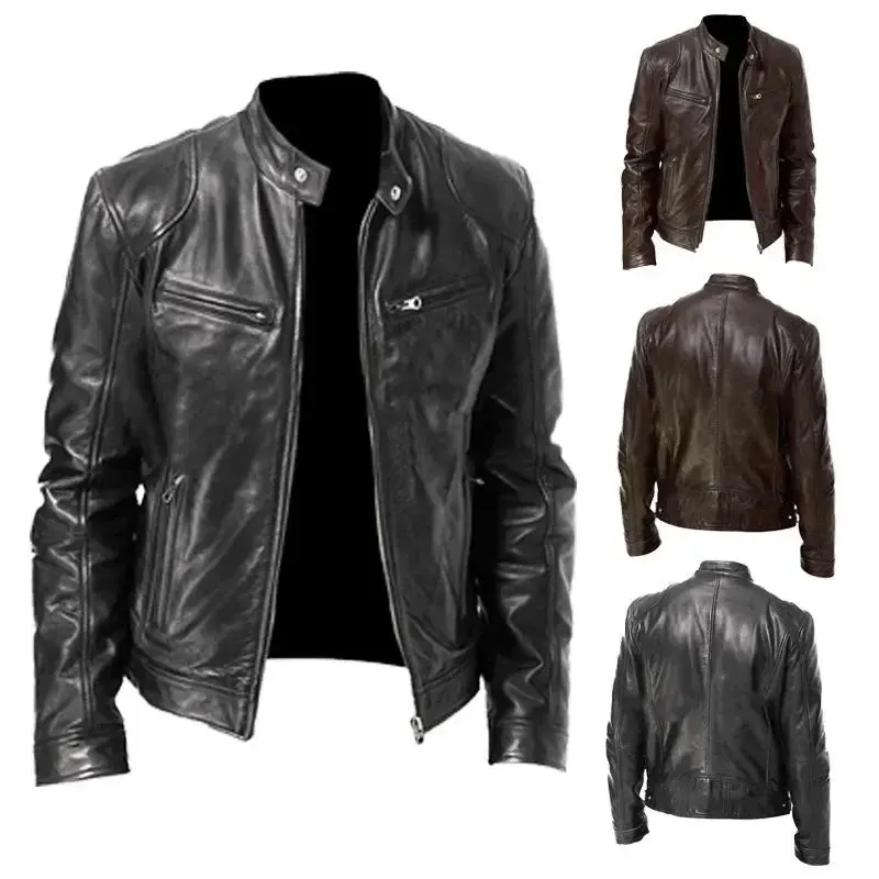 2023autumn/winter Men's Long Sleeve Leather Jacket Stand Collar Punk Motorcycle Street Style Casual Loose Faux Leather Jacket