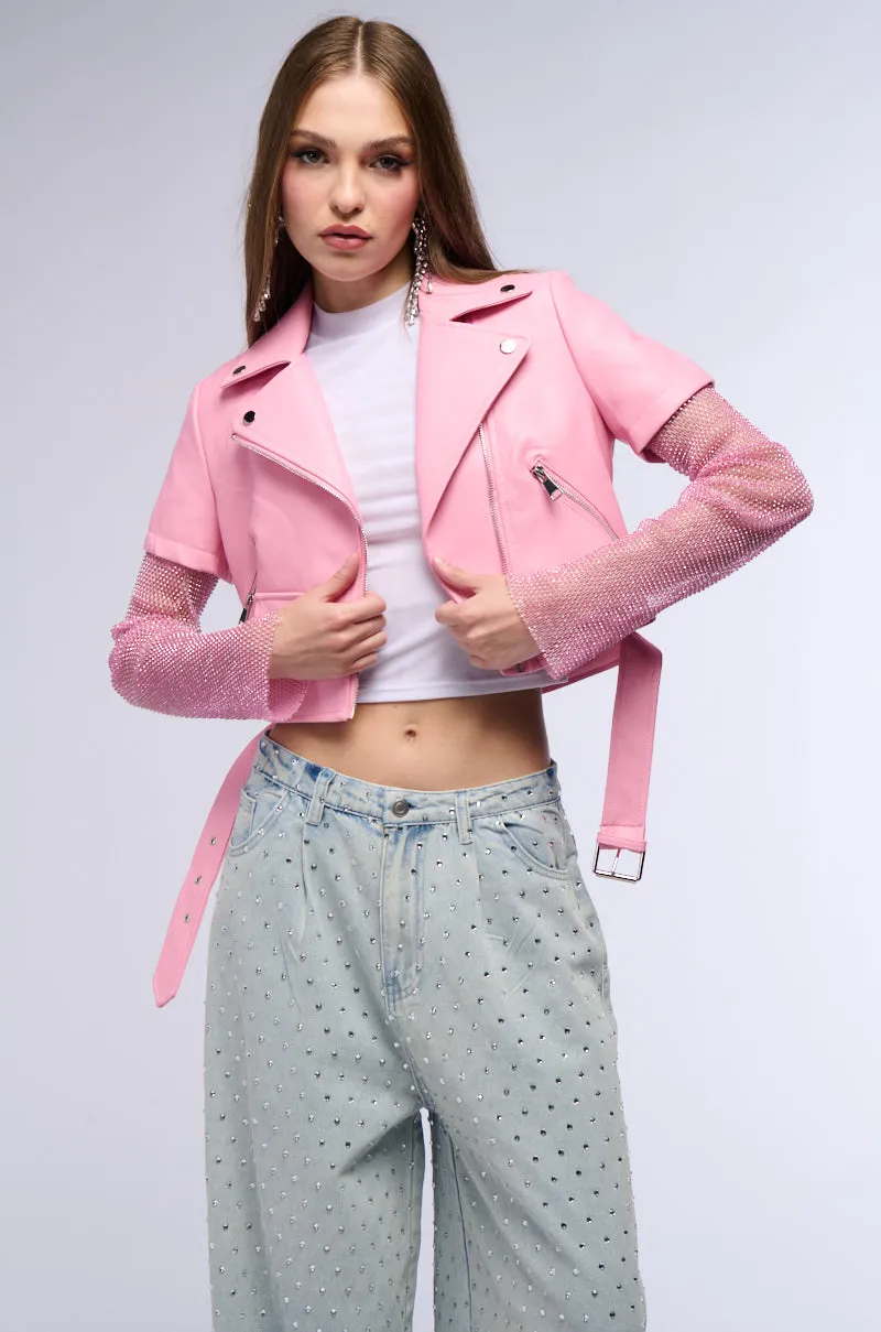 ACEROLA BLING RHINESTONE SLEEVE MOTO JACKET IN PINK