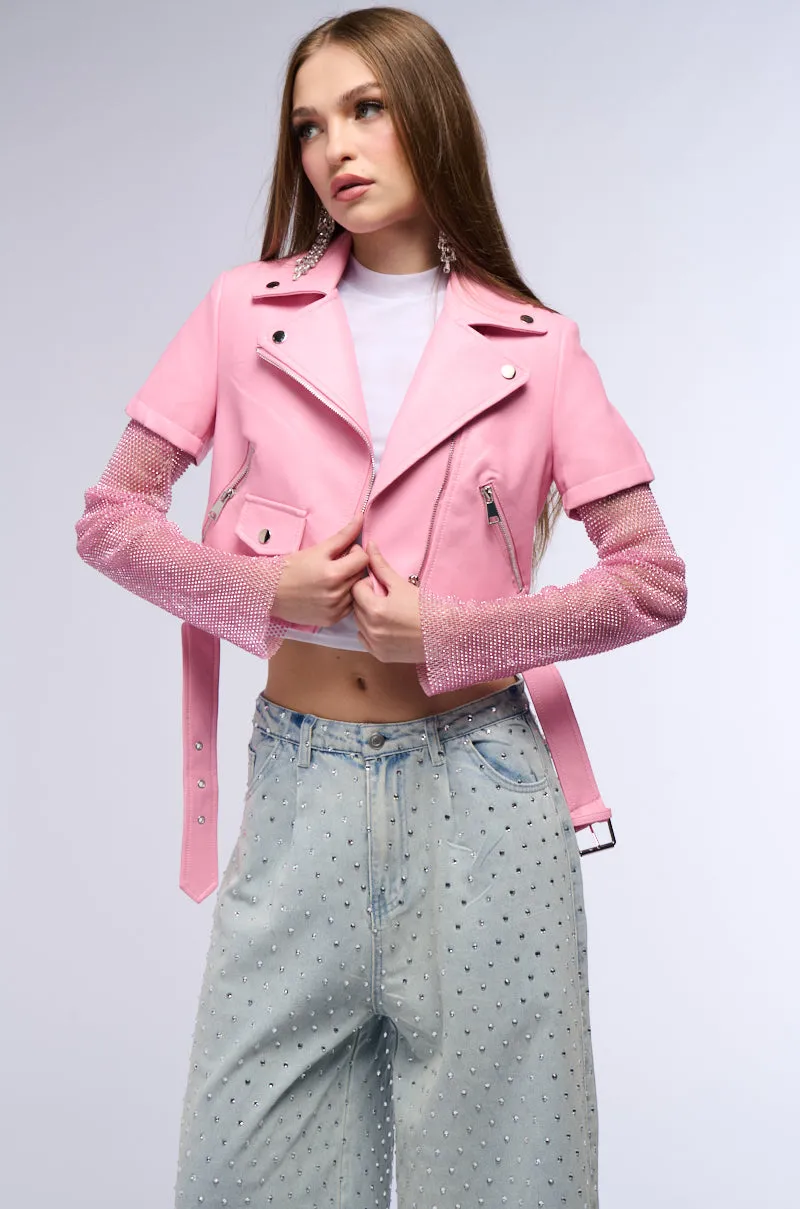 ACEROLA BLING RHINESTONE SLEEVE MOTO JACKET IN PINK