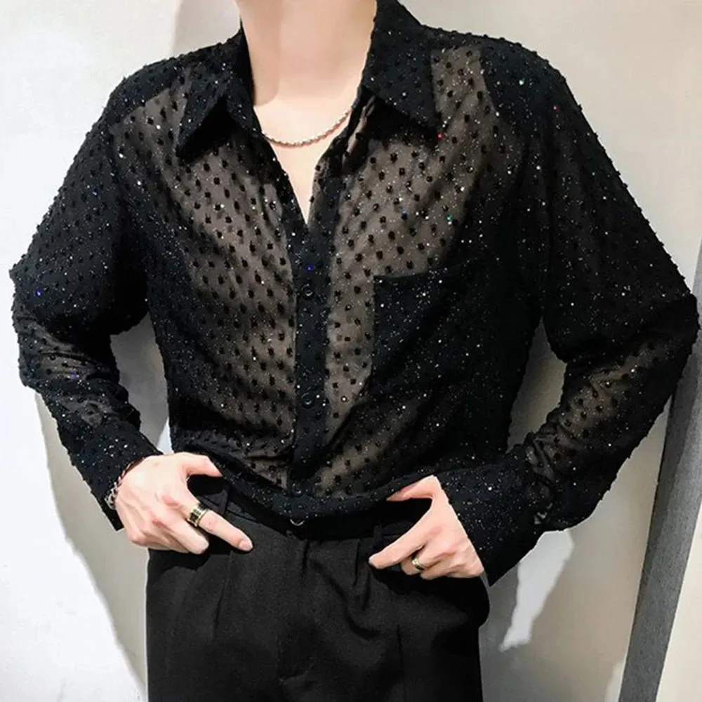 Aidase Mens Sexy Mesh See-Through Long-Sleeved Shirt Autumn Genderless Fashion Youth Nightclub Shiny Breathable Performance Top Unisex