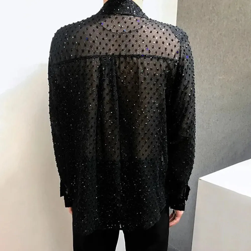 Aidase Mens Sexy Mesh See-Through Long-Sleeved Shirt Autumn Genderless Fashion Youth Nightclub Shiny Breathable Performance Top Unisex