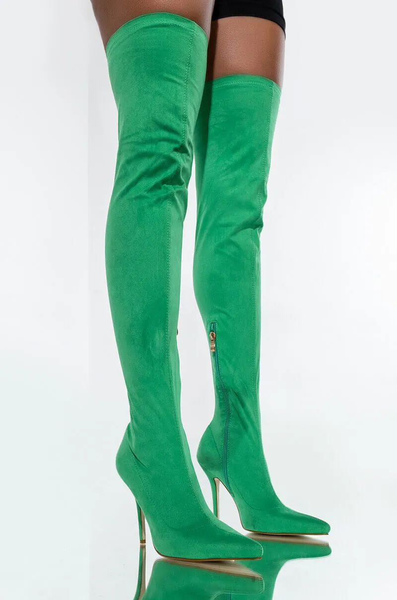 AZALEA WANG GOT ME STUCK TO YOU FITTED THIGH HIGH BOOT IN GREEN