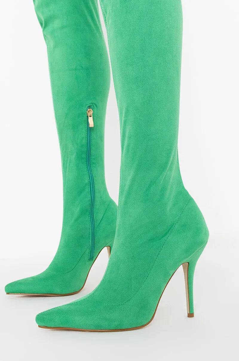 AZALEA WANG GOT ME STUCK TO YOU FITTED THIGH HIGH BOOT IN GREEN