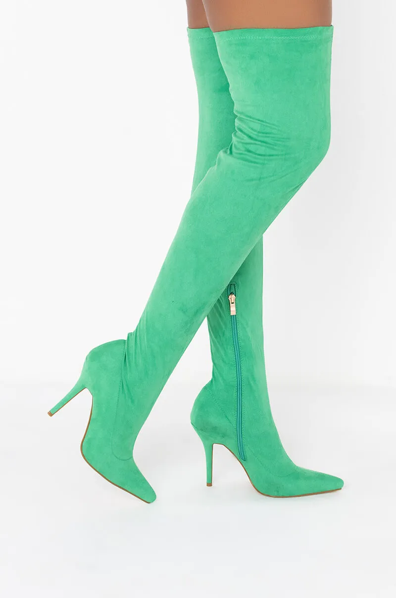 AZALEA WANG GOT ME STUCK TO YOU FITTED THIGH HIGH BOOT IN GREEN