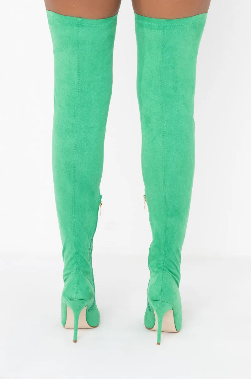 AZALEA WANG GOT ME STUCK TO YOU FITTED THIGH HIGH BOOT IN GREEN