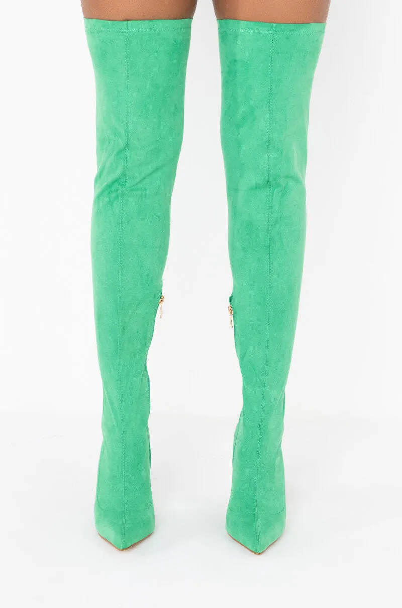 AZALEA WANG GOT ME STUCK TO YOU FITTED THIGH HIGH BOOT IN GREEN