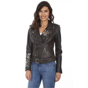 Black Biker Jacket With Floral Embroidery L1032