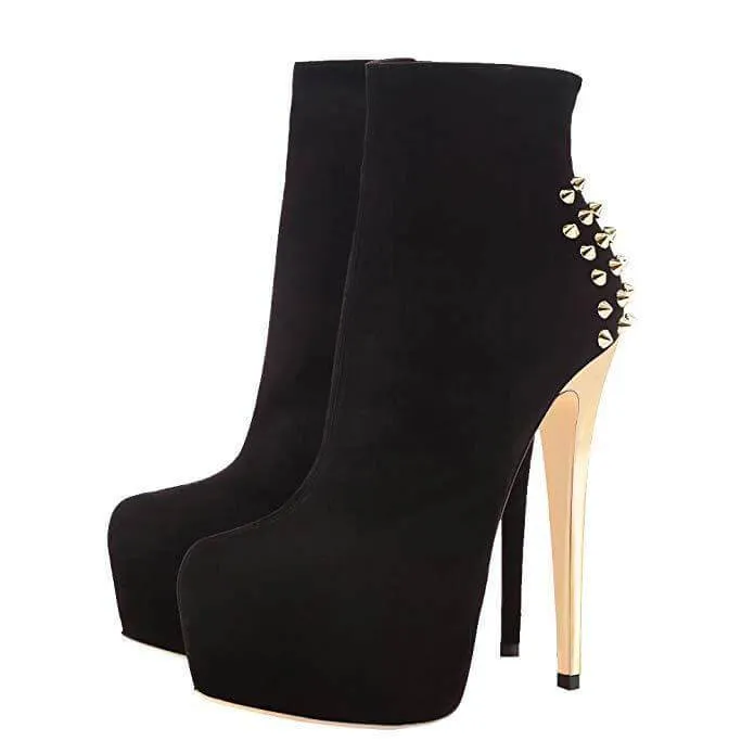 Black Suede Platform Rivet High Heel Ankle Boots