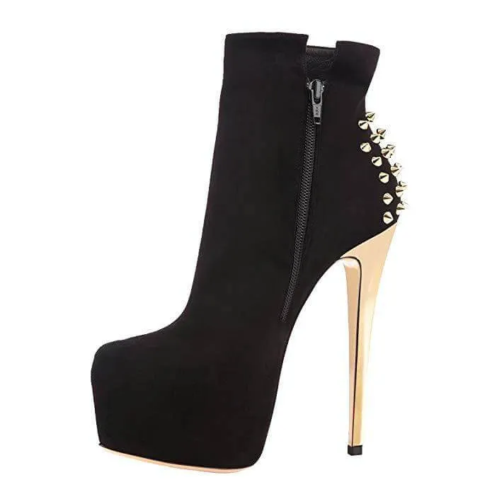 Black Suede Platform Rivet High Heel Ankle Boots