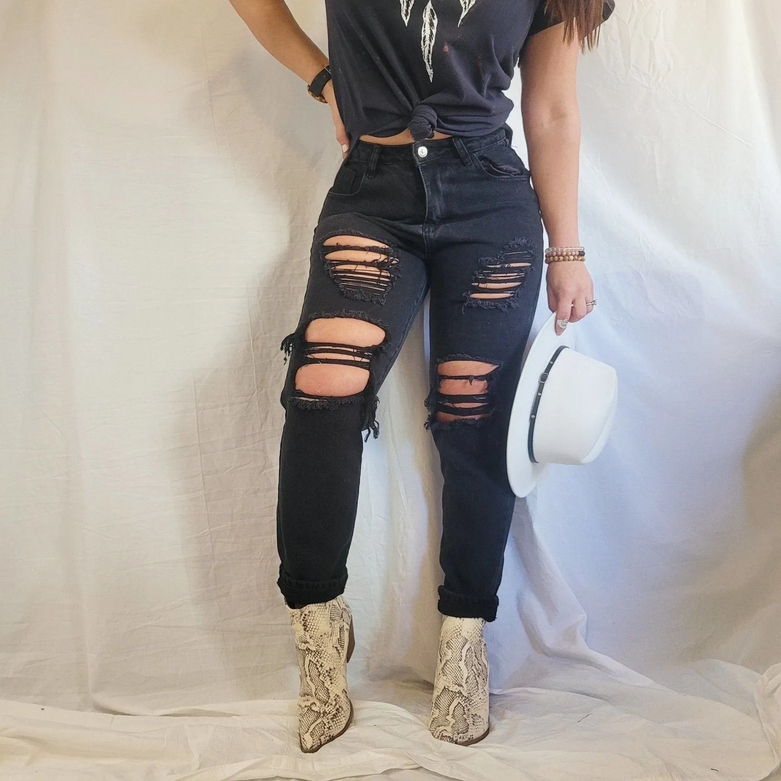 Black Vintage Distressed Ankle Denim