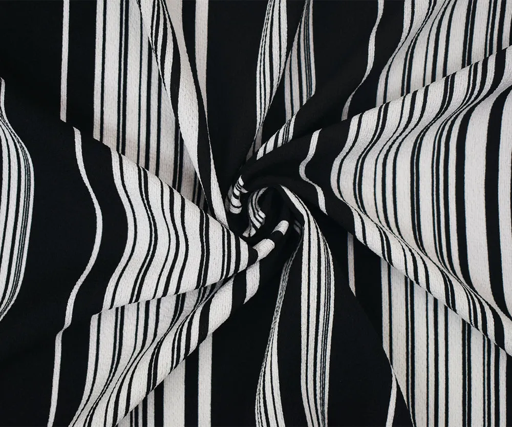 Black-White Stripe Printed Poly Crepe Georgette Woven Fabric