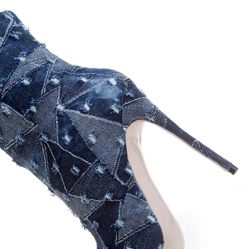 Blue Denim Ripped Pointed Toe High Heel Calf Boots