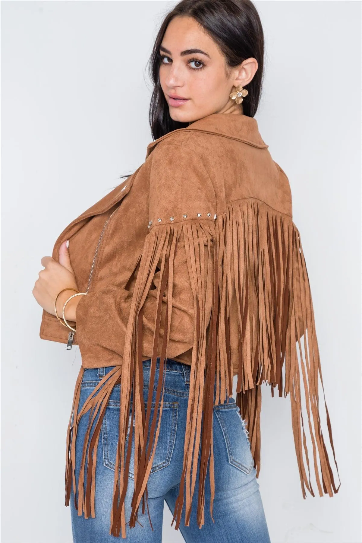 Camel Fringe Studded Faux Suede Moto Jacket /2-3