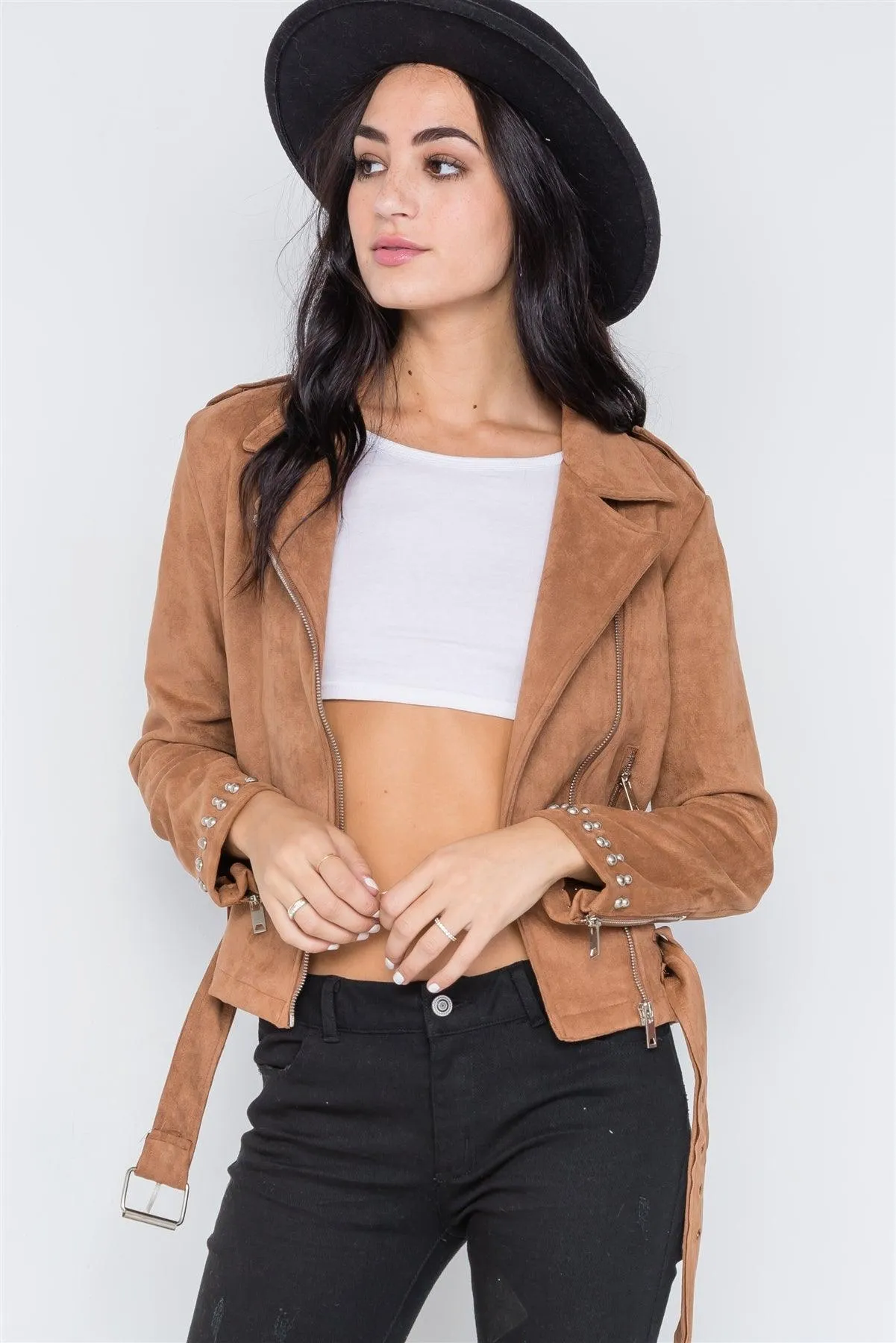 Camel Fringe Studded Faux Suede Moto Jacket