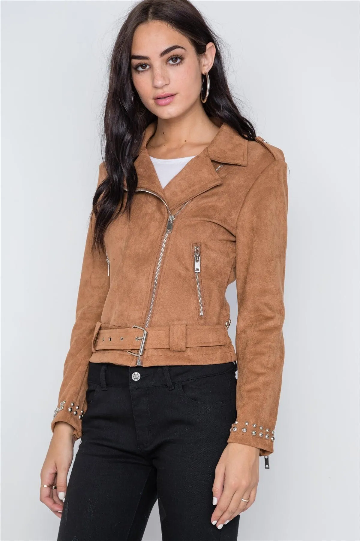 Camel Fringe Studded Faux Suede Moto Jacket