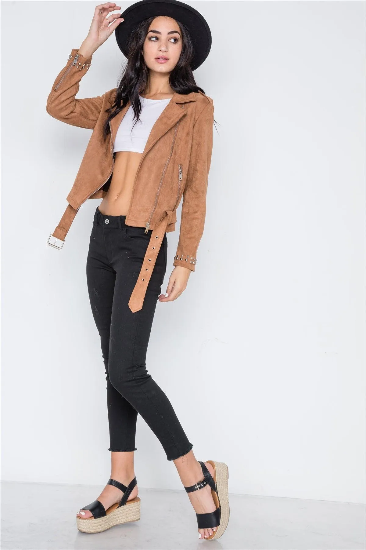 Camel Fringe Studded Faux Suede Moto Jacket