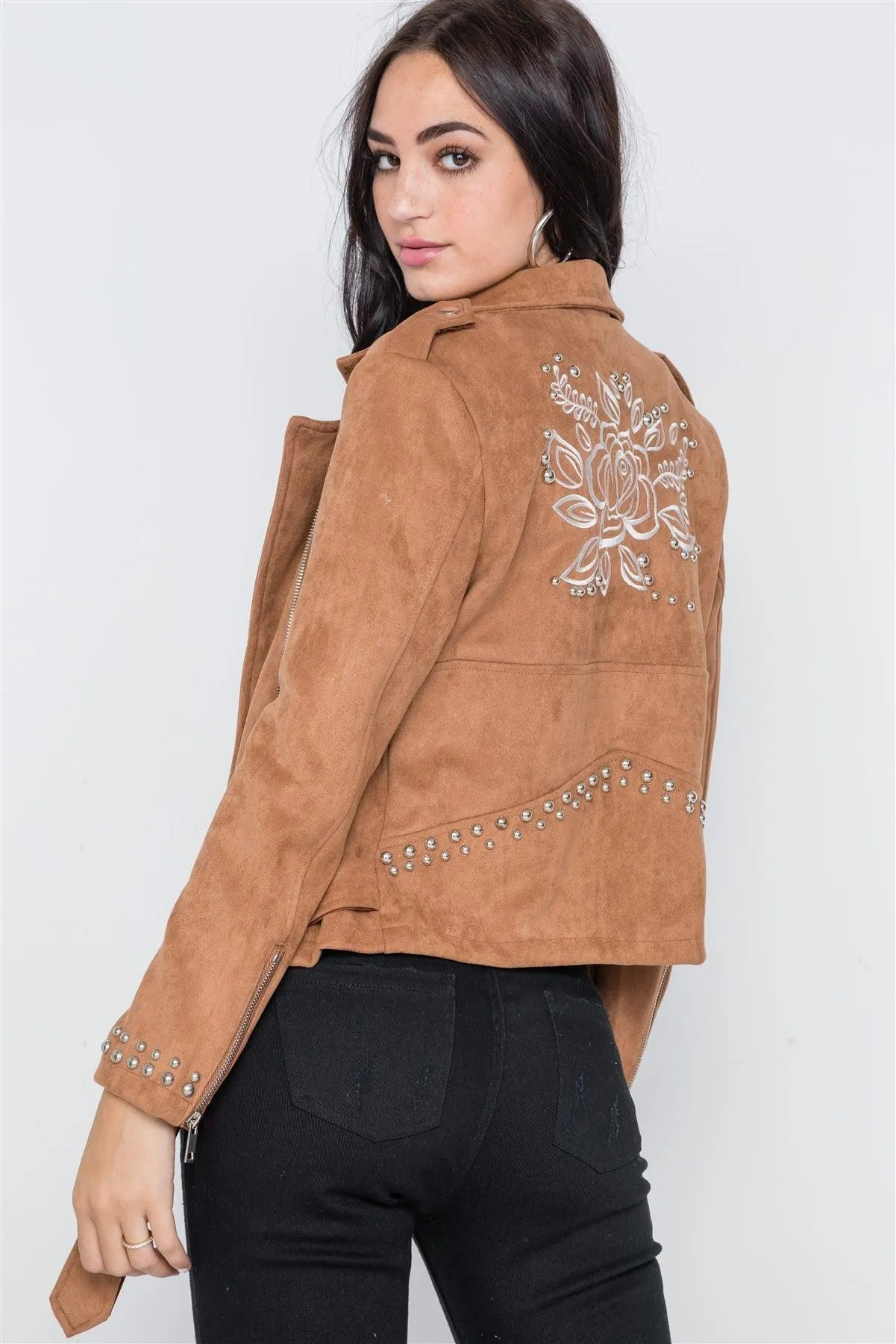 Camel Fringe Studded Faux Suede Moto Jacket