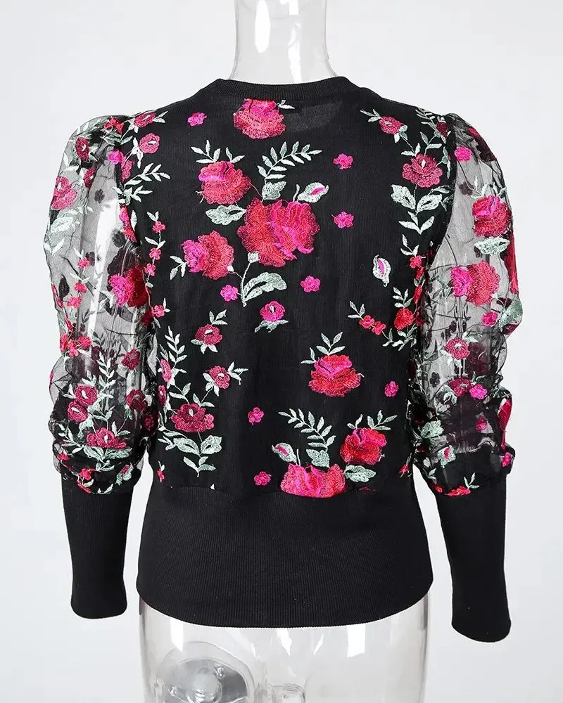 Deanwangkt - Floral Embroidered Sheer Tulle Puff Sleeve Top