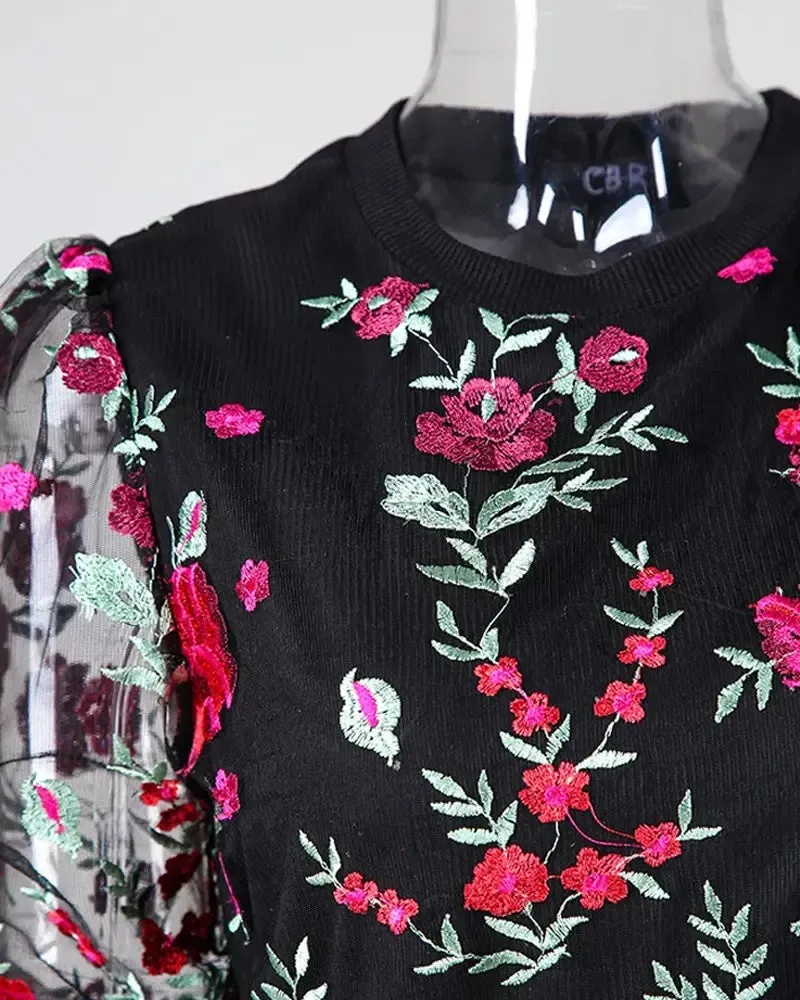 Deanwangkt - Floral Embroidered Sheer Tulle Puff Sleeve Top