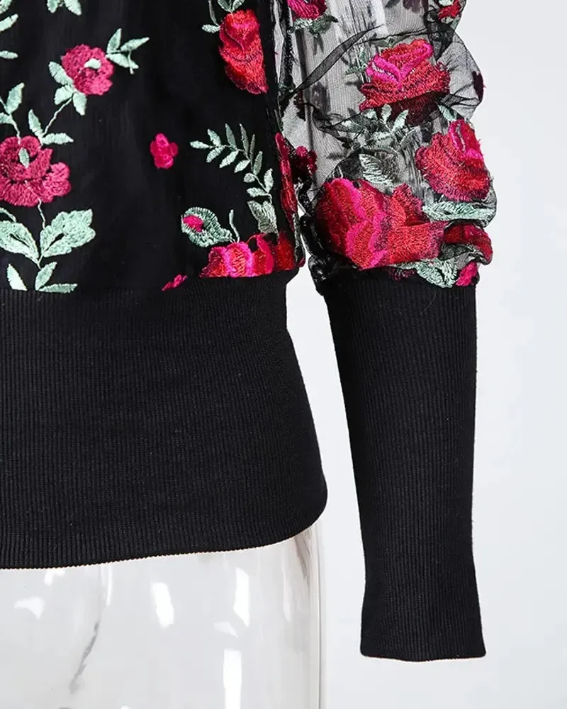 Deanwangkt - Floral Embroidered Sheer Tulle Puff Sleeve Top