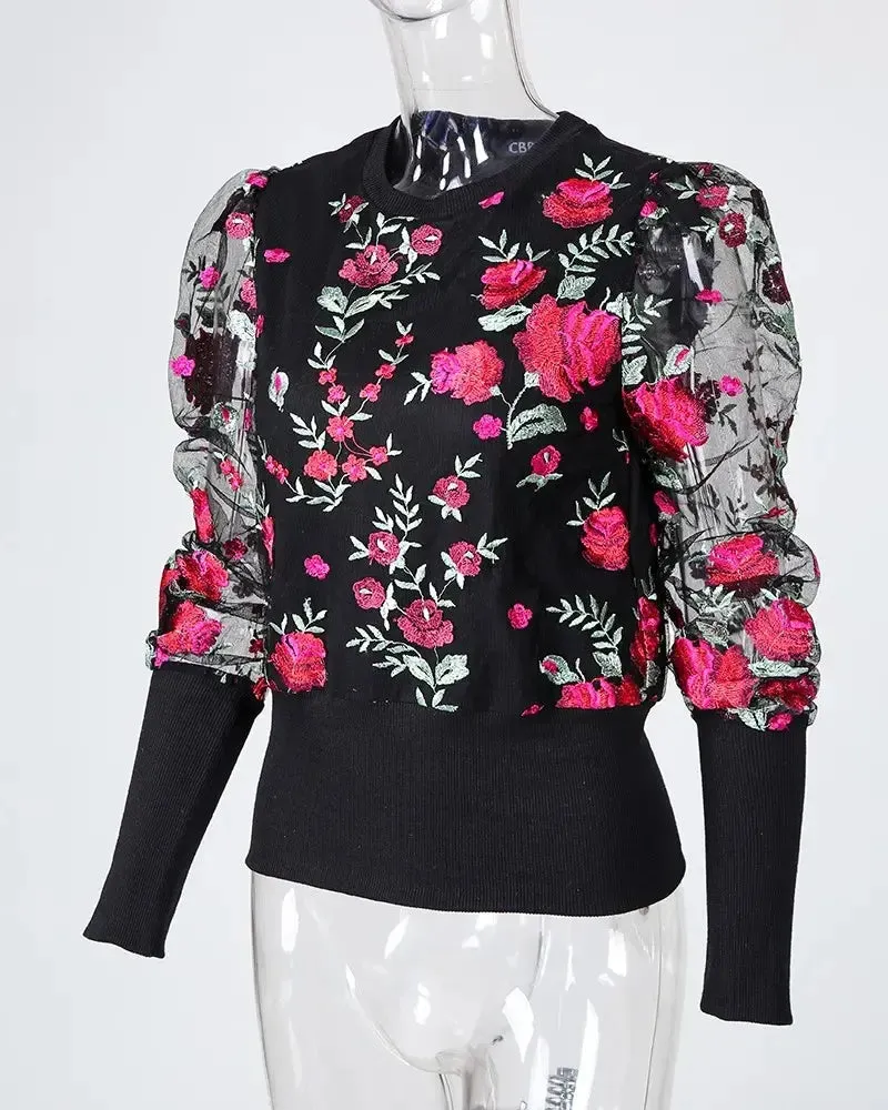 Deanwangkt - Floral Embroidered Sheer Tulle Puff Sleeve Top