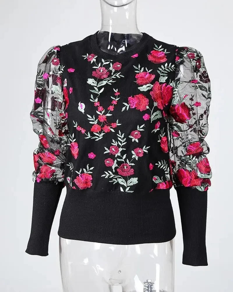 Deanwangkt - Floral Embroidered Sheer Tulle Puff Sleeve Top