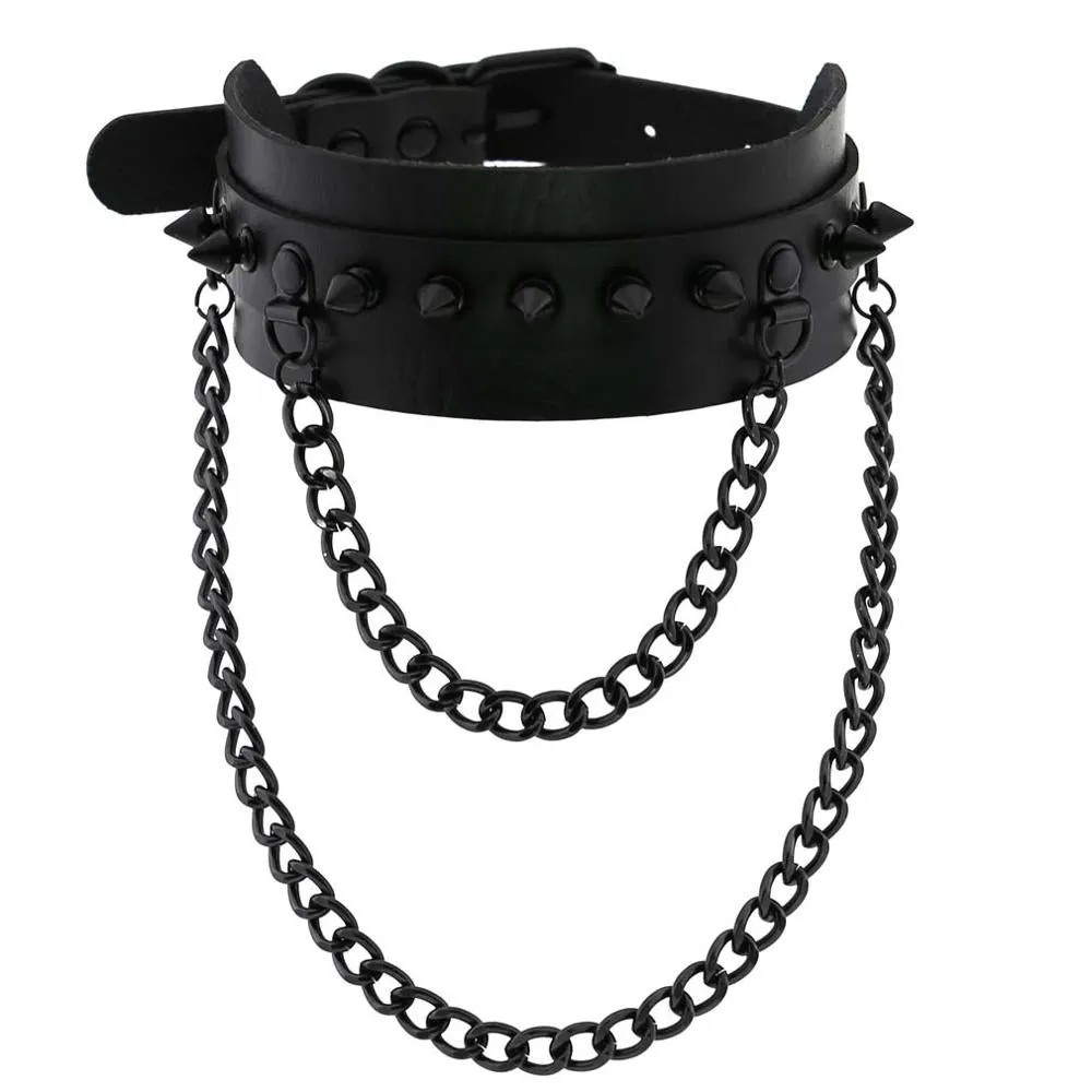 'Deepest Black' Long Double Chain Spike Choker