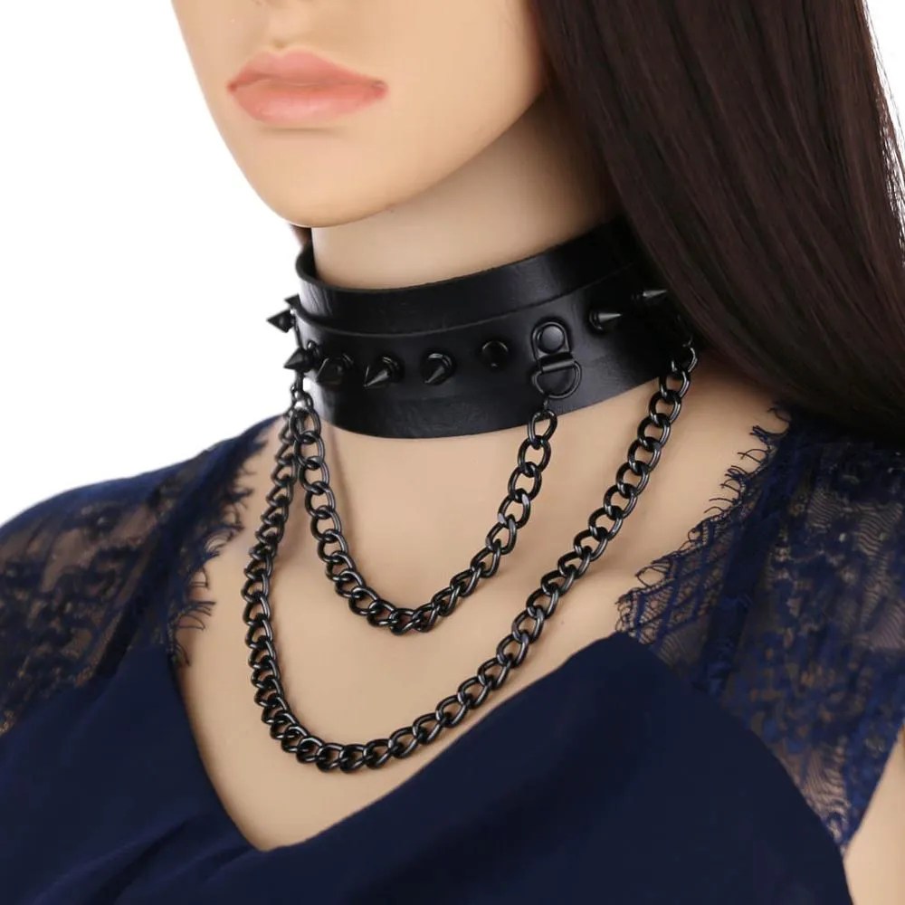 'Deepest Black' Long Double Chain Spike Choker