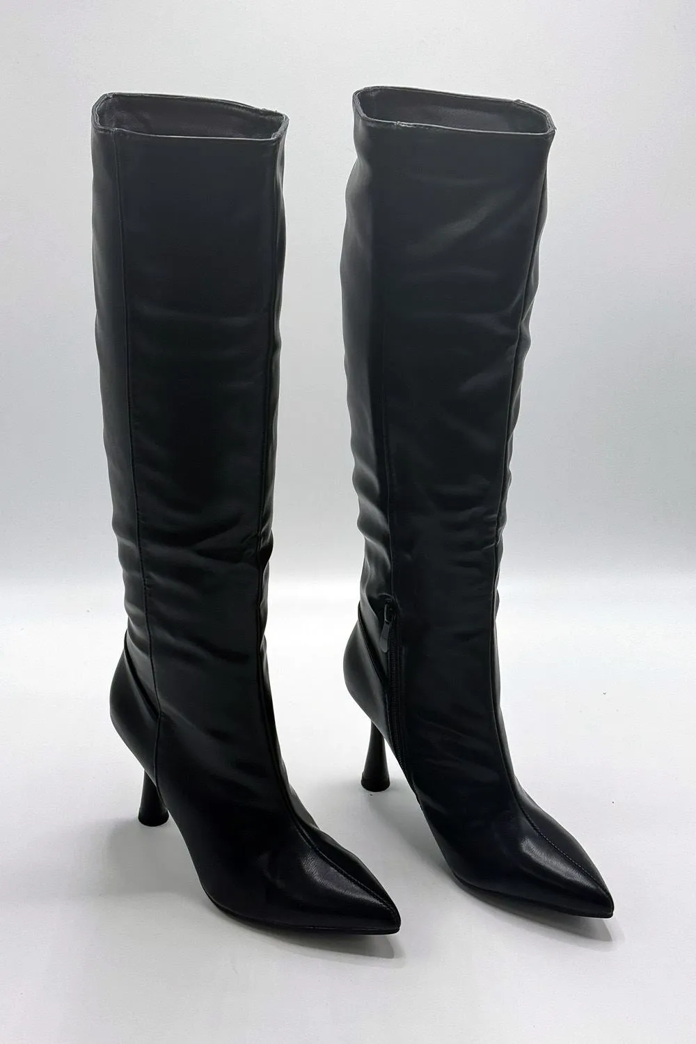 Doree Pointed Toes Heeled Knee High Boots in Black Matt