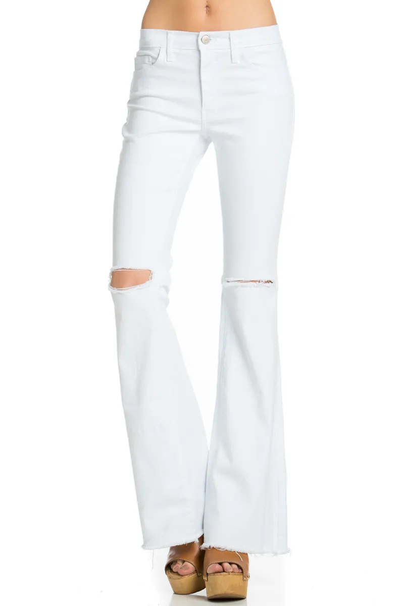 Drift Away Black Knee Slit Denim Flare Jeans White