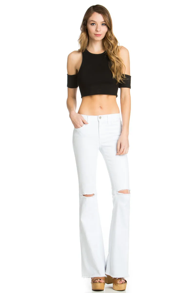 Drift Away Black Knee Slit Denim Flare Jeans White