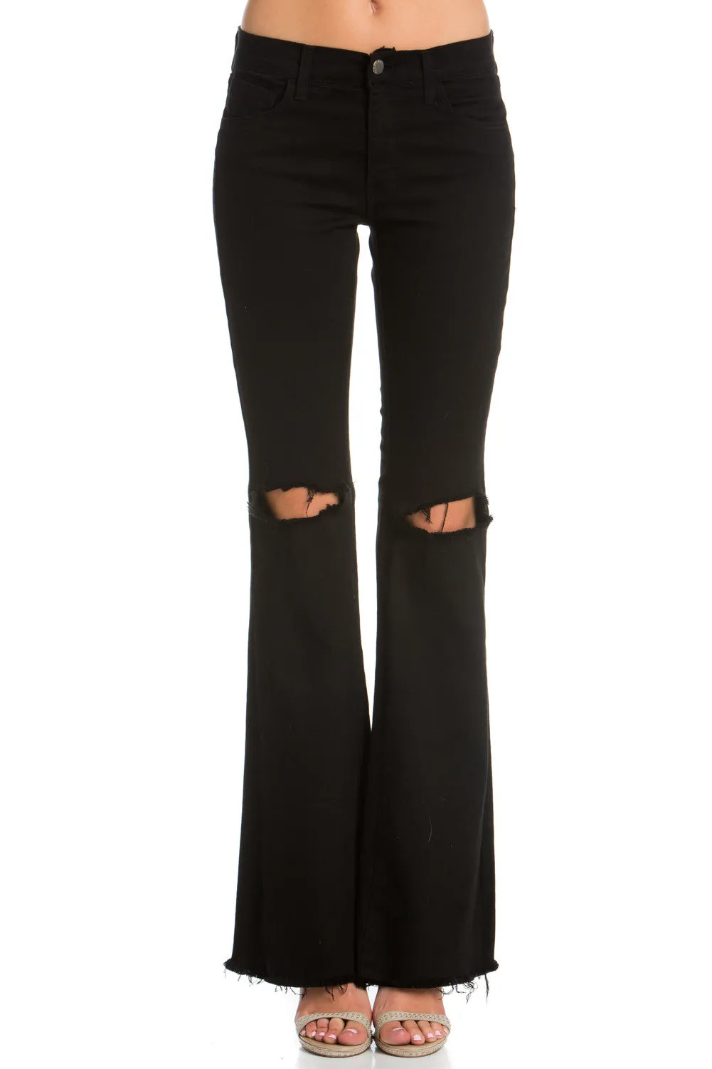 Drift Away Black Knee Slit Denim Flare Jeans White