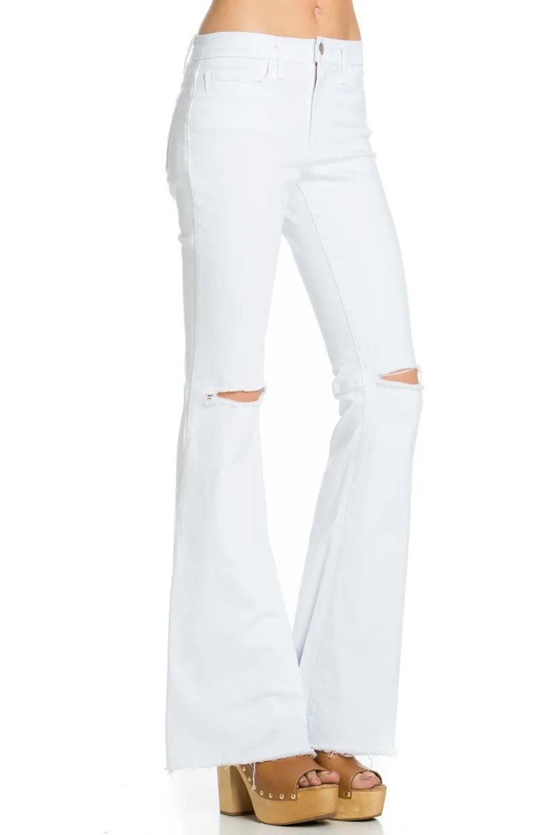 Drift Away Black Knee Slit Denim Flare Jeans White