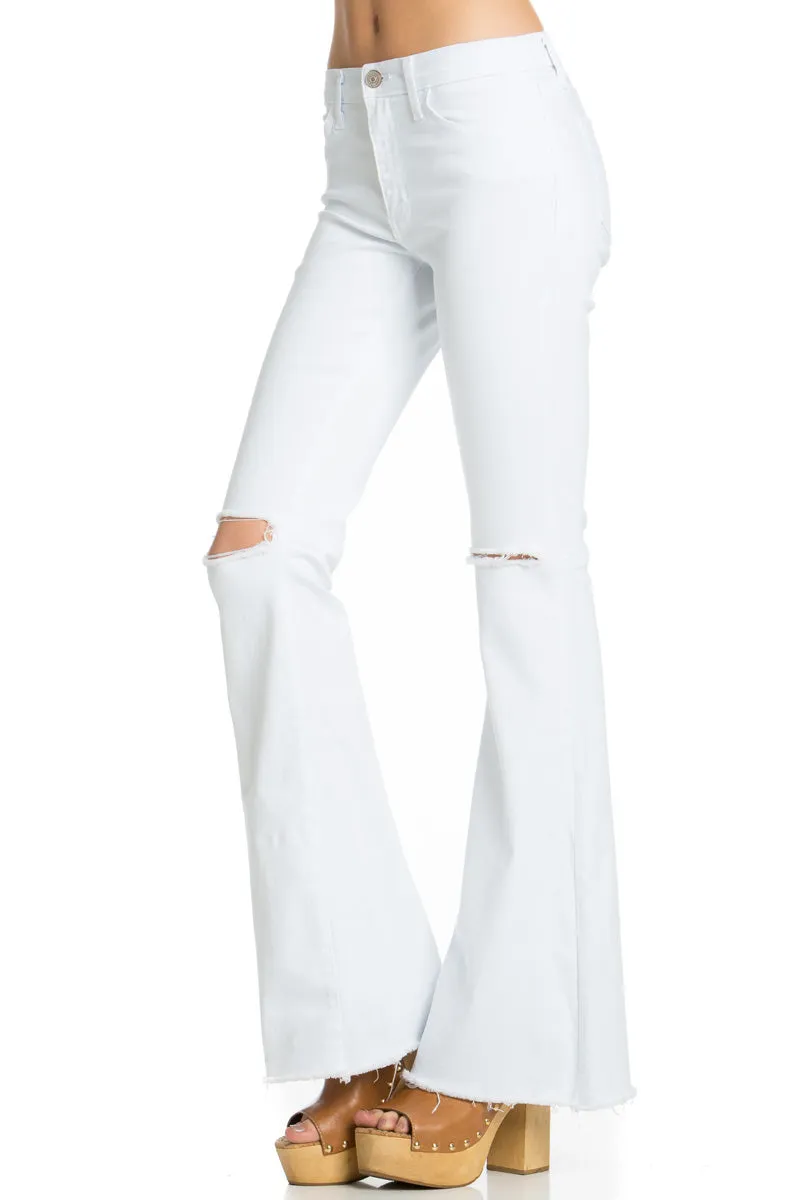 Drift Away Black Knee Slit Denim Flare Jeans White