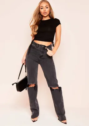 Elif Black Denim Ripped Knee Distressed Hem Straight Leg Jeans