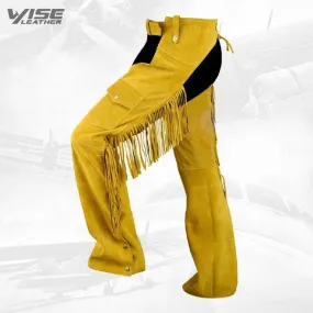 Fringed Western Leather Indian Chaps Pants in Orange