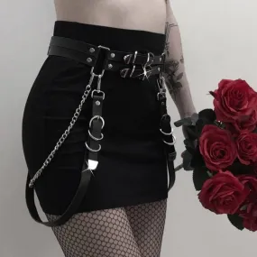 Gothic Punk Faux Leather Belt Metal Chain Ring Waist Strap Rock Hip Hop Ring Chain Belt (Black)