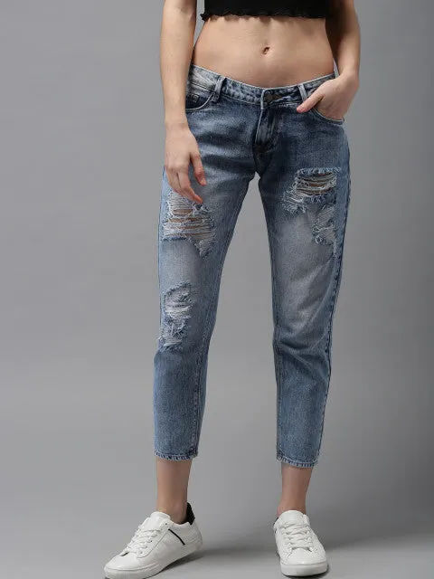 HERE&NOW Women Blue Ankle Boyfriend Fit Mid-Rise Highly Distressed Jeans