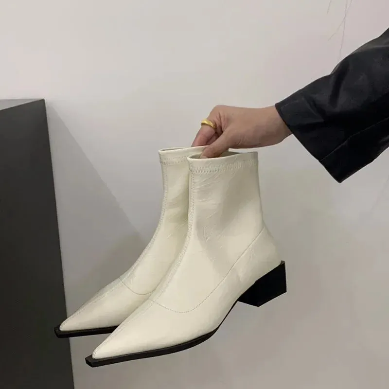 Hnzxzm Pointed Toe Women Slim Ankle Boots Fashion Square Low Heel Ladies Elegant Back Zippers Short Booties Women's Footwear