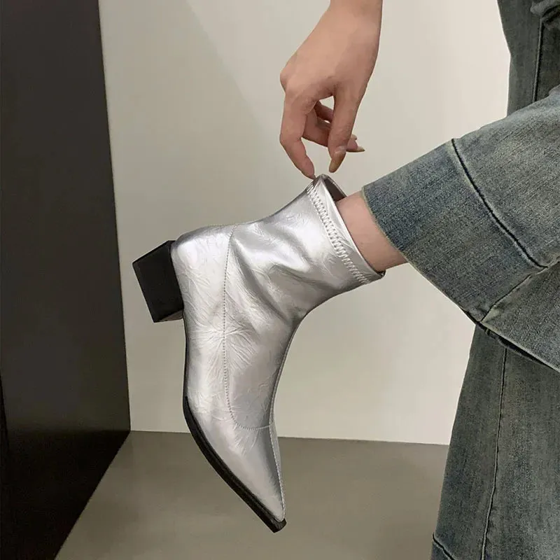 Hnzxzm Pointed Toe Women Slim Ankle Boots Fashion Square Low Heel Ladies Elegant Back Zippers Short Booties Women's Footwear