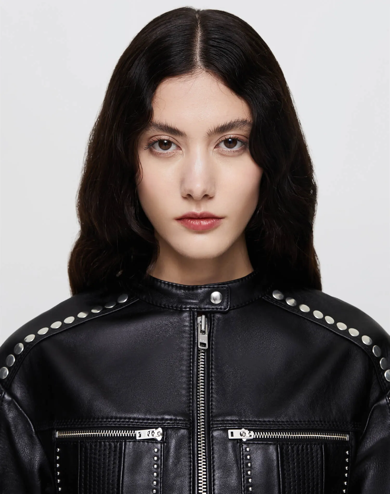 Leather Studded Biker Jacket - Black