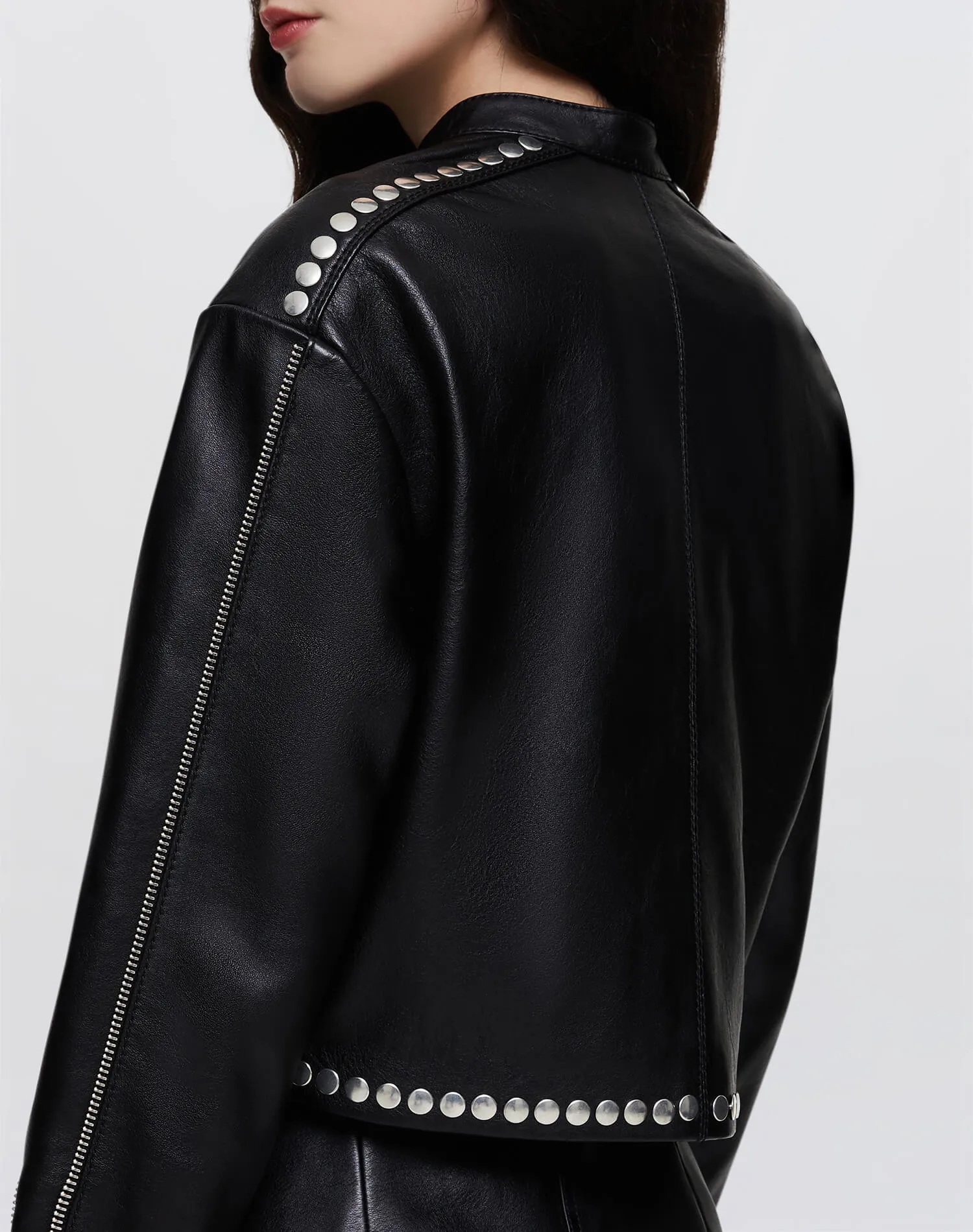 Leather Studded Biker Jacket - Black