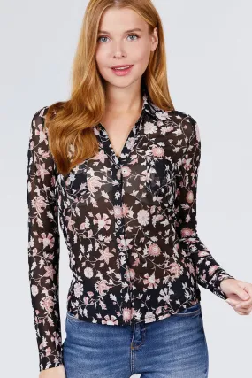 Long Sleeve V-neck W/button Down Print Mesh Knit Shirts