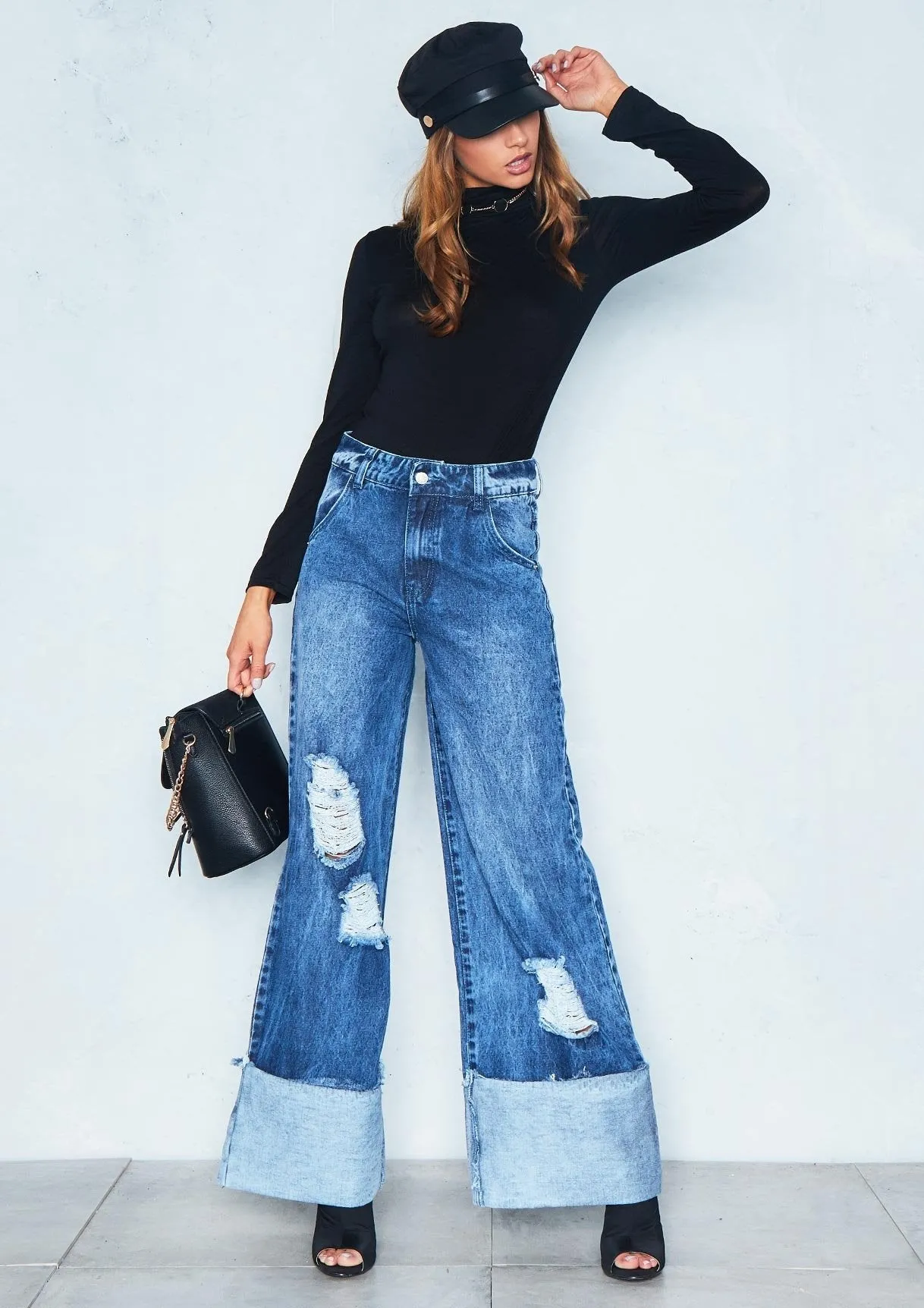 Martha Denim Wide Leg Distressed Turn Up Jeans