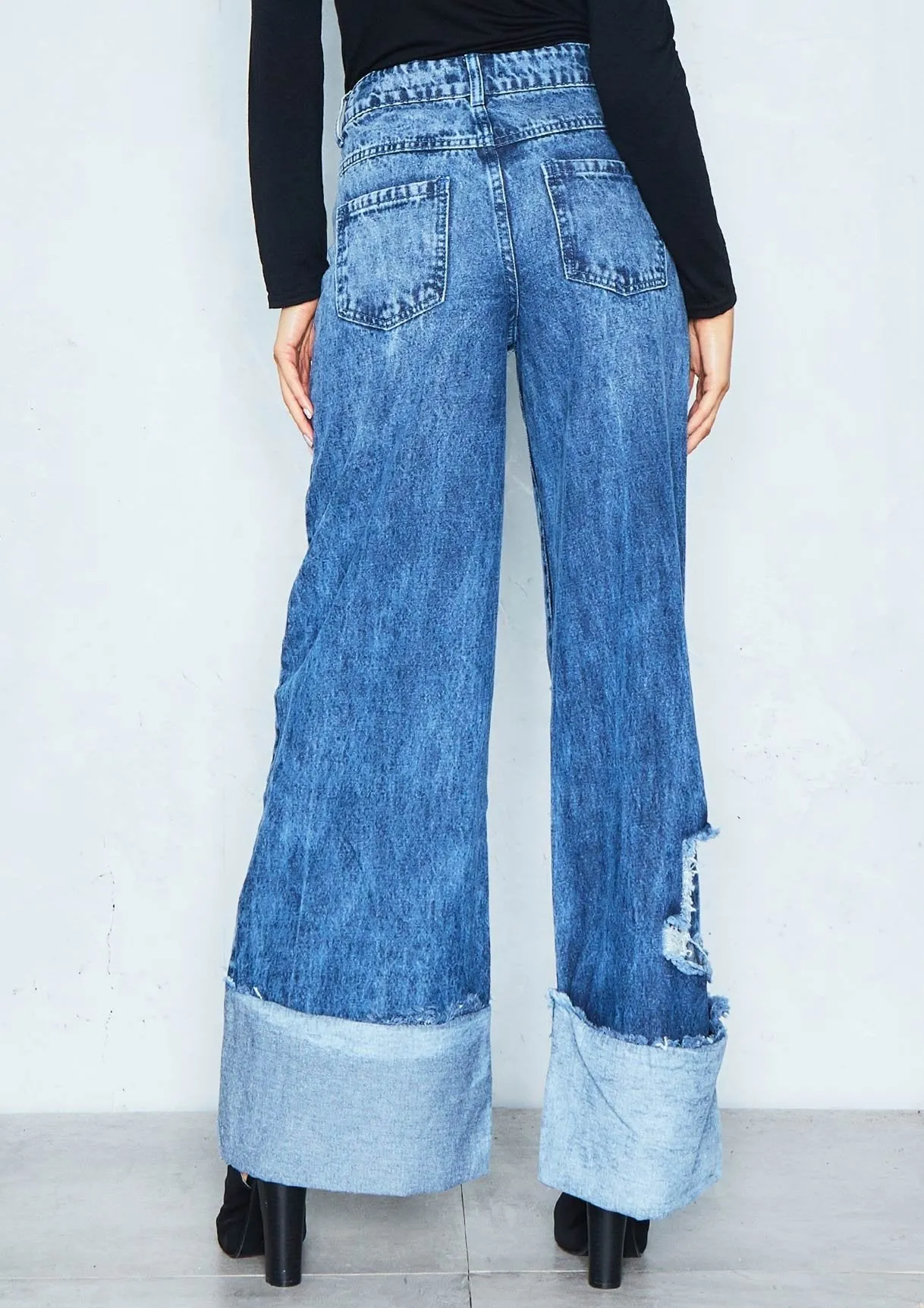 Martha Denim Wide Leg Distressed Turn Up Jeans