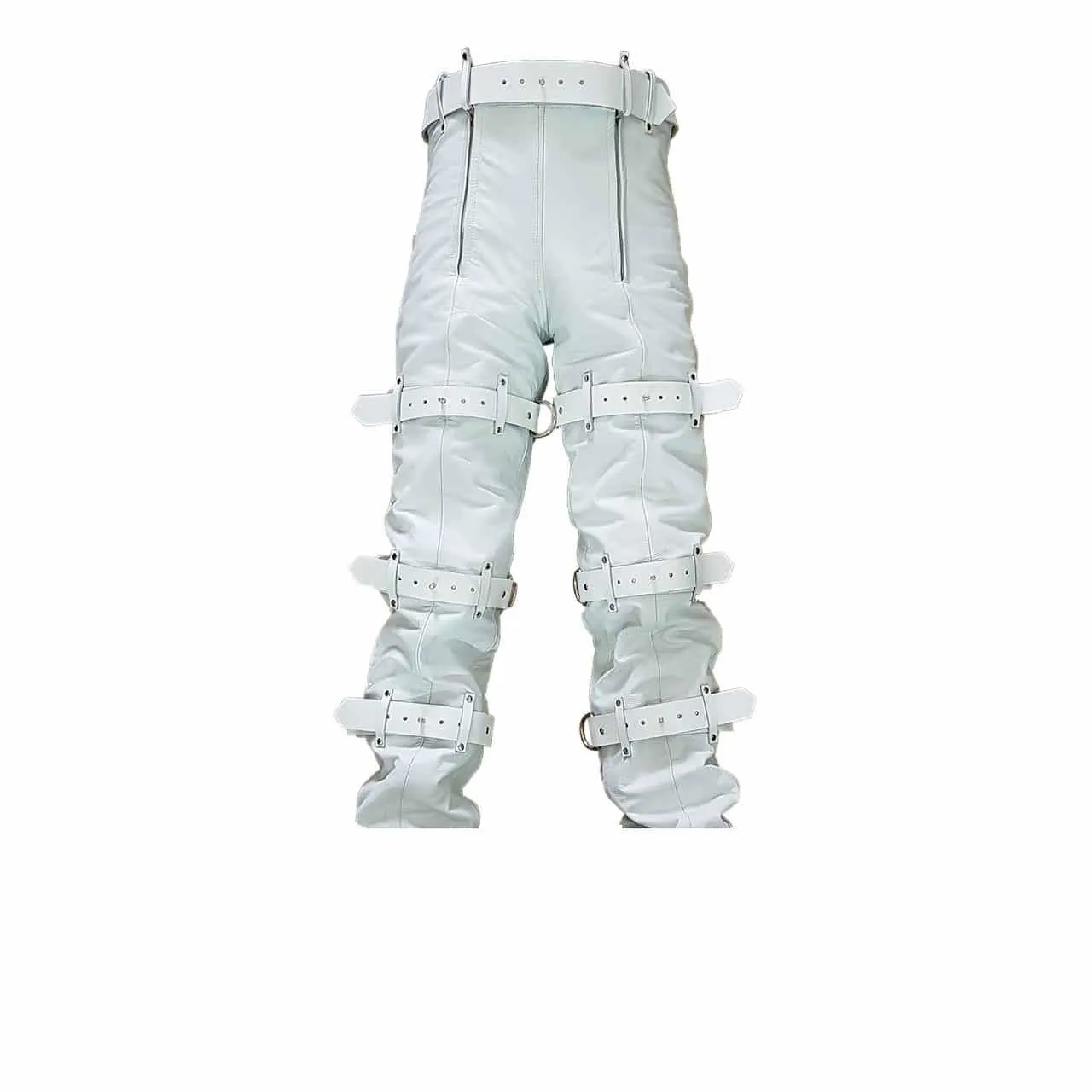 Men White Leather Locking Bondage Jeans with Rear Zip