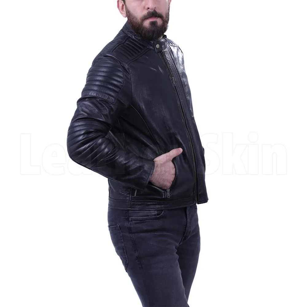 Men's Black leather jacket with antique zippers