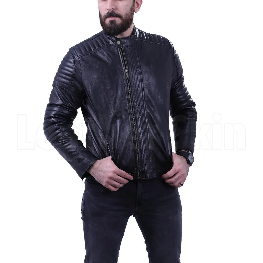 Men's Black leather jacket with antique zippers